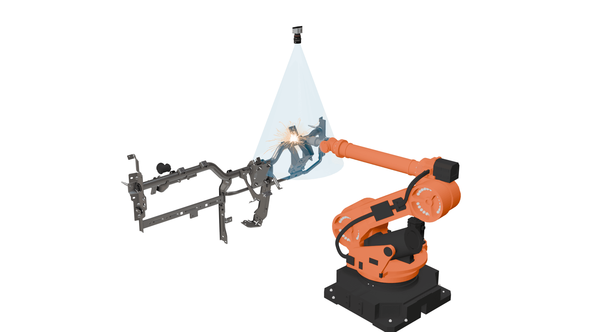 IUNA AI Weld Seam Detection for Cross Car Beams - Robot-mounted camera system during welding