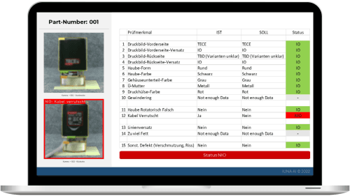 IUNA Assembly Inspector User Interface showing inspection results