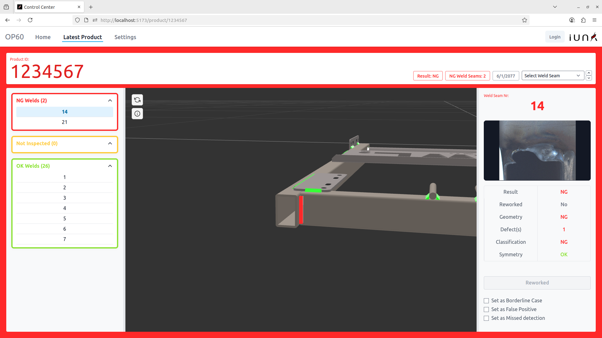 IUNA AI Weld Inspector User Interface with 3D Viewer showing weld seam inspection results